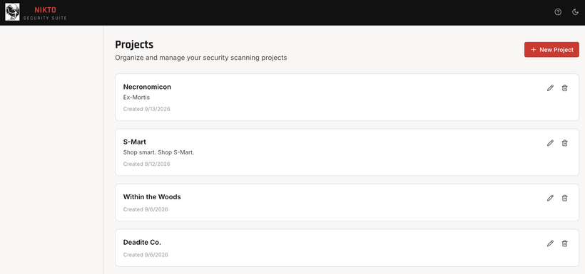Nikto Platform Hosts view: targets crawled with page screenshots, with Nikto, Crawl, LFIc and Bustah tools and finding counts