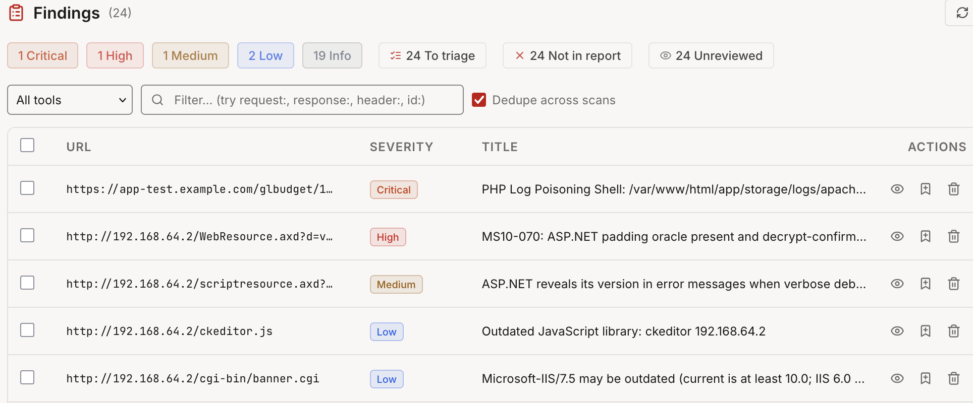 Nikto Platform Findings view: triage interface for findings before adding to report