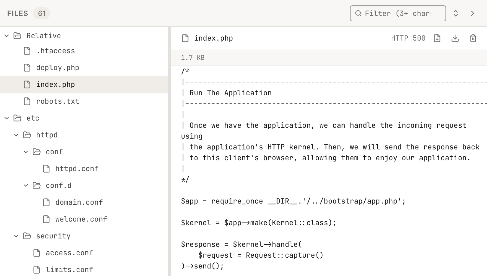 LFIc file explorer: a tree of files retrieved through a local file inclusion, one PHP file open with a download control